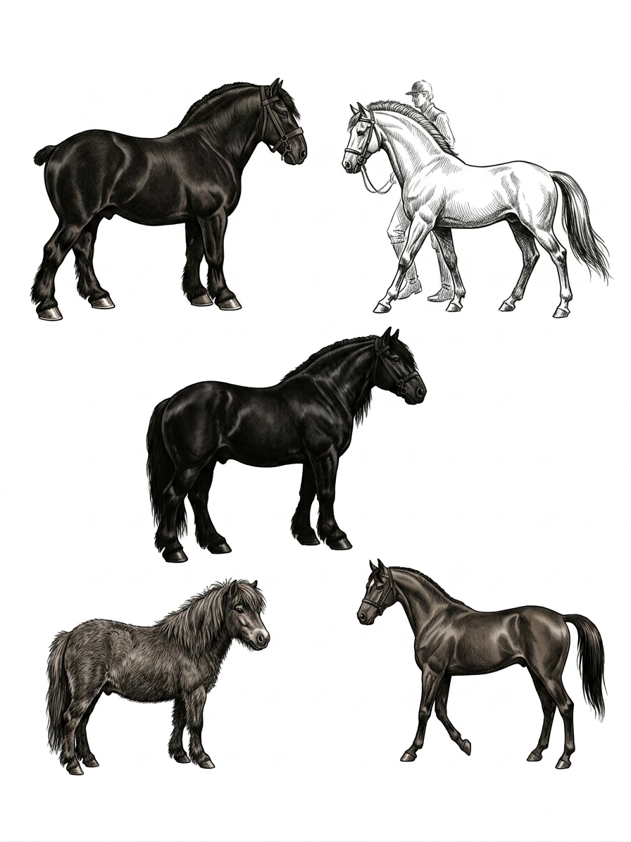 Illustration av fem hästar